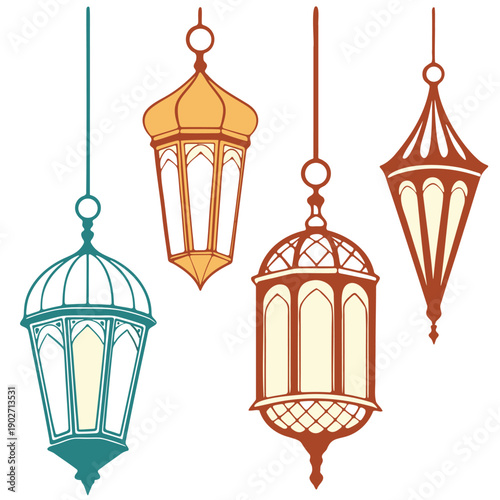 Set of four colorful ornate hanging lanterns with different shapes on white background