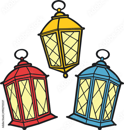Set of three colorful vintage style lanterns in red yellow and blue colors isolated