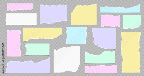 Set of pastel torn paper pieces with rough edges, ripped note scraps isolated on transparent background.