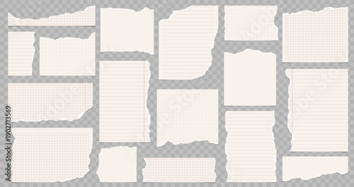 Set of torn notebook paper pieces with grid, lines and dots, realistic ripped stationery sheets isolated on transparent background.