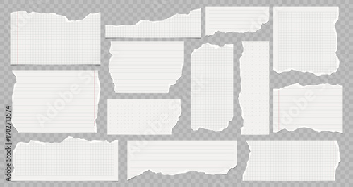 Set of torn notebook paper pieces with grid, lines and dots, realistic ripped stationery sheets isolated on transparent background.