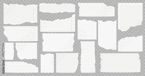 Set of torn notebook paper pieces with grid, lines and dots, realistic ripped stationery sheets isolated on transparent background.