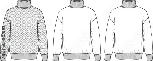 Women turtleneck knit sweater technical fashion flat sketch with argyle pattern and ribbed trim cad drawing flat vector illustration template