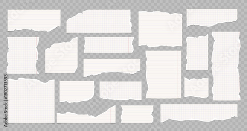 Set of torn notebook paper pieces with grid, lines and dots, realistic ripped stationery sheets isolated on transparent background.