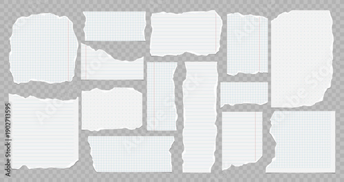 Set of torn notebook paper pieces with grid, lines and dots, realistic ripped stationery sheets isolated on transparent background.