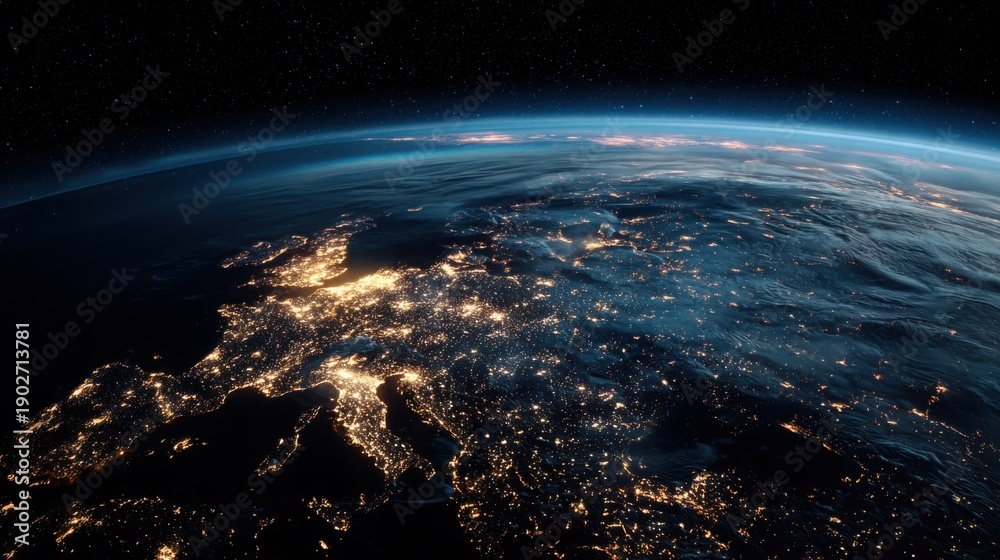 Fototapeta premium Earth from space at night with glowing cities
