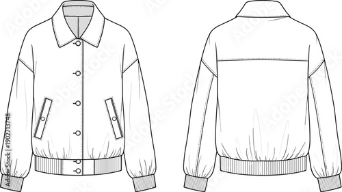 Technical fashion flat sketch of a womens denim skirt belted trench coat bomber jacket and hoodie cad drawing flat vector illustration