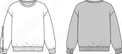 Technical fashion sketch of sweatshirt and hoodie cad drawing flat vector illustration with front and back views for apparel manufacturing