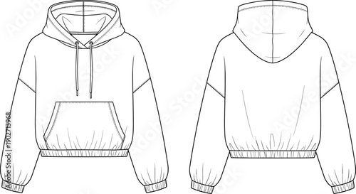 Technical fashion sketch of a hoodie cad drawing flat vector illustration with front and back views for streetwear apparel manufacturing