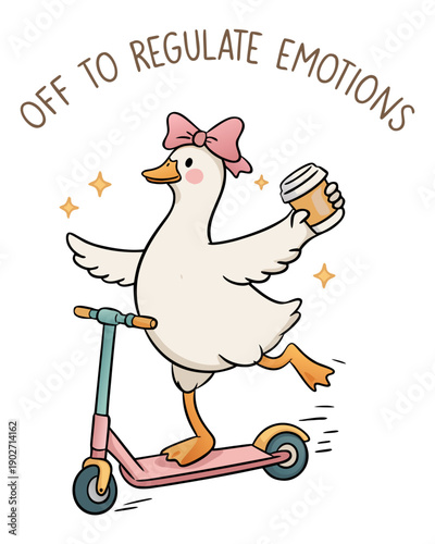 A cute cartoon illustration of a white duck riding a pink and teal push scooter