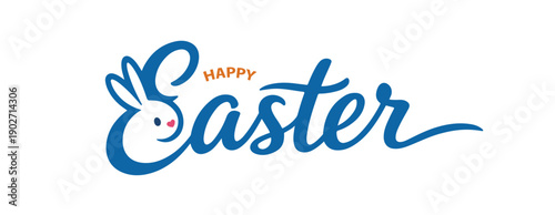 Creative Happy Easter typography logo with bunny rabbit head in blue script, Perfect for Easter Sunday branding, children's merchandise, and festive greeting cards.
