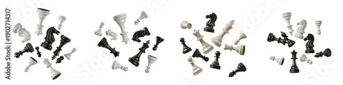 Tableau sur toile Set and Collection of Scattered Chess Pieces, Black and White Plastic Chessman B