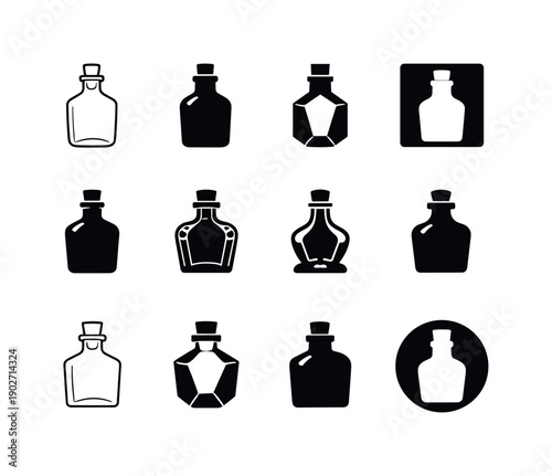 Vintage Bottle Logos. Vintage bottle. Icon set. Set Logo of vintage bottle: antique glass bottle silhouette. harmonious logo variations of the same emblematic