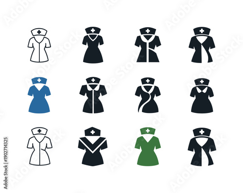 Fashion for specific professions. Icon set. Set Logo of Fashion for specific professions: nurse uniform. harmonious logo variations of the