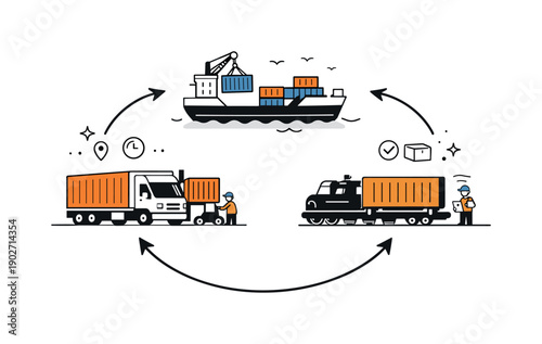 Cargo transportation flow. A truck, ship, and train exchanging shipping containers in a seamless loop, showing multimodal logistics in