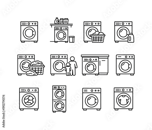 Home Laundry Washing Machine. Line icon set of Home Laundry Washing Machine: household washer, laundry room setup, washing machine with
