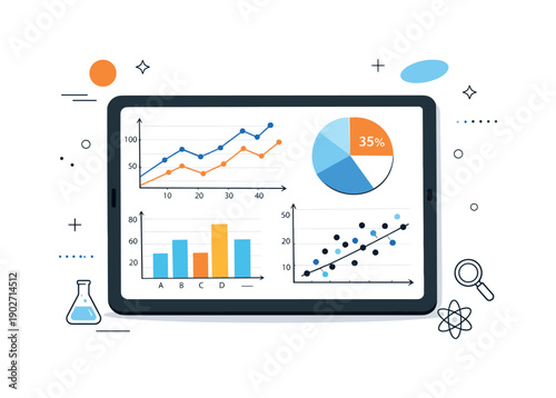 Scientific research charts. A calm editorial scene showing clean scientific charts and graphs on a tablet, with data points and axes clearly