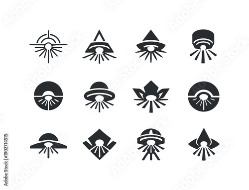 Laser Logo Variations. Laser lights. Icon set. Set Logo of laser lights: futuristic laser emitter. harmonious logo variations of the same emblematic concept,