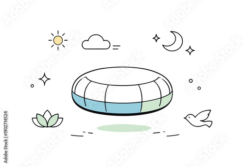 Floating Meditation Cushion. Meditation cushion minimal. A floating meditation cushion surrounded by gentle symbols of calm, representing inner peace and