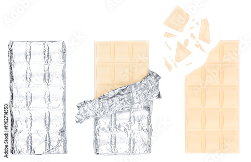 Принти на полотні White chocolate bar in foil packaging with broken pieces, isolated