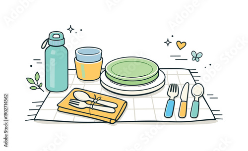 Reusable picnic dishes. Eco-friendly plates, cups and cutlery neatly arranged on a picnic blanket, calm sustainable lifestyle mood. Clean