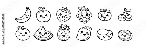 Cheeky Fruits Line Art Icons Set – Cute Cartoon Fruit Characters, Black Outline, Banana, Apple, Strawberry, Pineapple, Kiwi