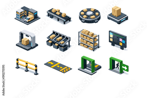 Logistics vector icons barrier wheel weighing isometric guidance hub parcel floor icon