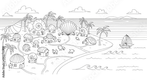 Tropical Shell Village on a Coastal Beach Coloring Page for All Ages