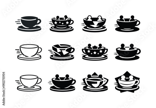 Carnival Rides Logos. Carnival rides. Icon set. Set Logo of carnival rides: spinning teacup. harmonious logo variations of the same emblematic concept, each