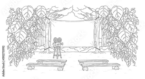 Enchanting Outdoor Forest Cinema Scene with Projector and Log Seating Coloring Page