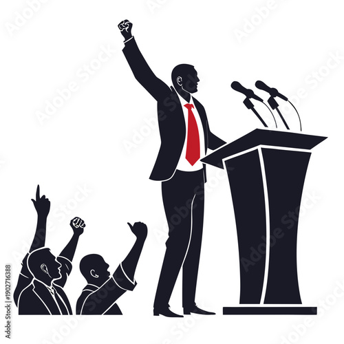 Politician Silhouette Speaking at Podium with Raised Fist - Victory