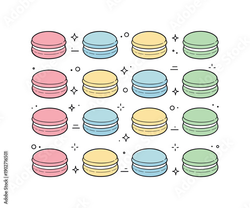 Macaron pastel colors. A top-down view of pastel macarons forming a clean geometric grid, showcasing harmony, symmetry, and softness. Calm