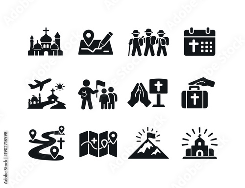 Faith Based Travel. Solid icon set of Faith Based Travel: religious landmark, travel planning, pilgrim group, holy calendar, spiritual