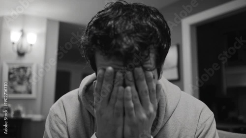 A frustrated man lowers his head and covers his face with his hands.