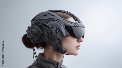 A woman wearing a futuristic robotic helmet.