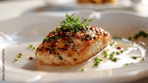 A piece of fried fish on a plate.