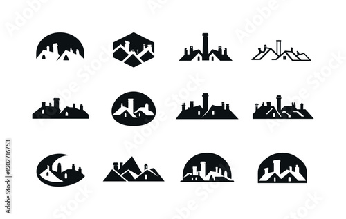 Old Street Icons. Old street scene. Icon set. Set Logo of Old street scene: silhouette of rooftops and chimneys. harmonious logo variations of the same