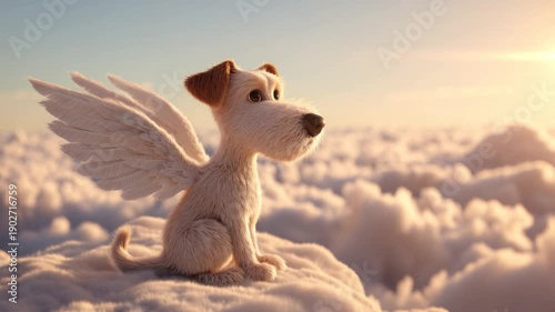 A dog with wings sits on a cloud.
