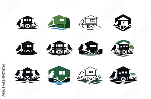 Ornithological tourism and birdwatching in rare habitats. Icon set. Set Logo of Ornithological tourism and birdwatching in rare habitats: