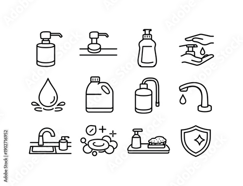 Kitchen soap dispenser. Line icon set of Kitchen soap dispenser: kitchen soap pump, sink mounted dispenser, dish soap bottle, pump action