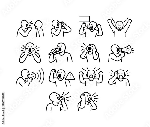 Shouting Situations. Line icon set of Shouting Situations: public yelling, calling for help, protest shout, cheering voice, shocked reaction,