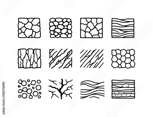 Earthy Surfaces. Line icon set of Earthy Surfaces: rough stone texture, compacted soil pattern, clay cracks, layered sediment, bark plates,