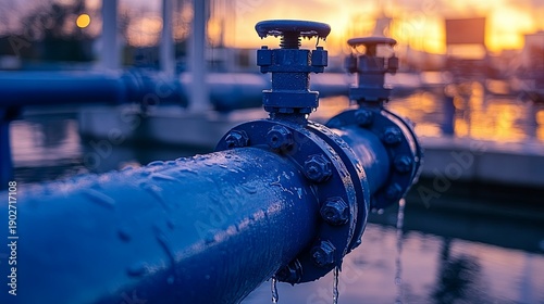A blue industrial water pipe with valves, leaking droplets at dusk, emphasizing urban infrastructure, maintenance, and water management.