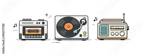 Minimal Retro Audio. Minimal retro audio set. Cassette player, vinyl disc, and old-school radio aligned in a tidy row, soft highlights and neutral color