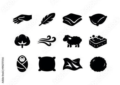 Touch of Softness. Solid icon set of Touch of Softness: gentle touch, feather icon, soft fabric, pillow corner, cotton bloom, calm wind, lamb