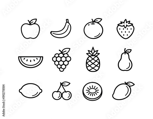 Fruits. Line icon set of fruits: apple, banana, orange, strawberry, watermelon slice, grapes bunch, pineapple, pear, lemon, cherry pair, kiwi