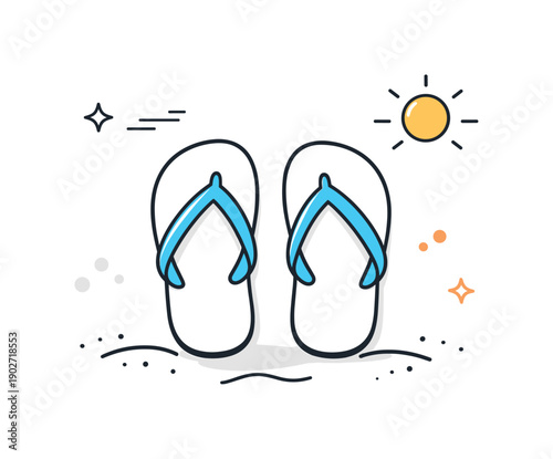 Beach footwear minimal. Flip flops paired with small abstract dots and lines suggesting sand and sun. Light, friendly seaside mood.