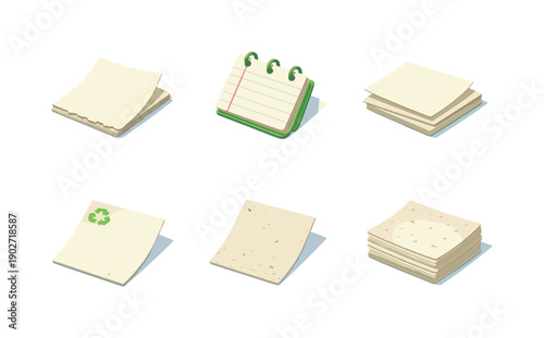 Recycled paper sheets. Isometric flat vector icons set of recycled paper sheets: torn edge paper sheet, recycled notebook pages, layered