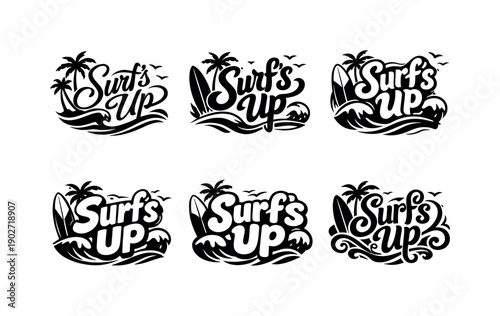 Surfboard Lettering Styles. Coastal surfboard vibes. Set lettering. harmonious lettering variations of the same emblematic concept, each with different