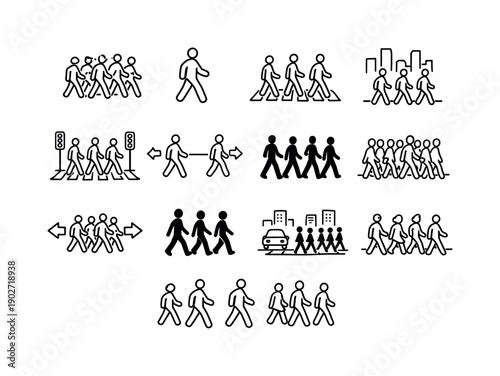 Pedestrian City Icons. Pedestrians in City. Line icon set of Pedestrians in City: walking crowd, single pedestrian, people crossing road, urban foot traffic,